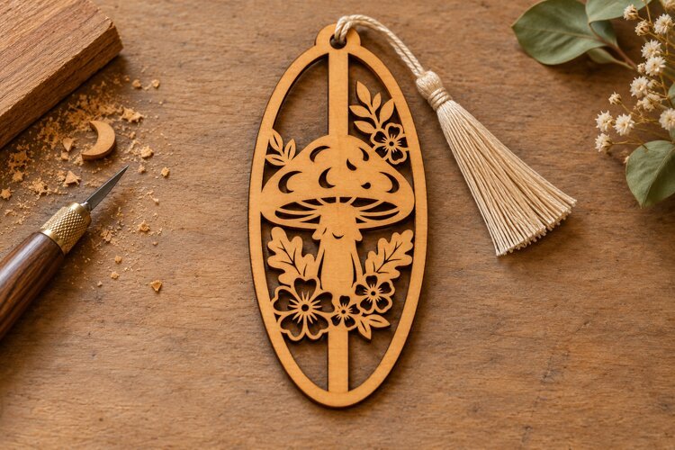 Oval Mushroom Floral Garden Bookmark Laser Cut SVG, example image 1