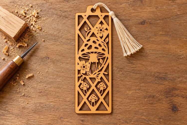 Rectangle Mushroom Trellis Floral Bookmark Laser Cut SVG, example image 1