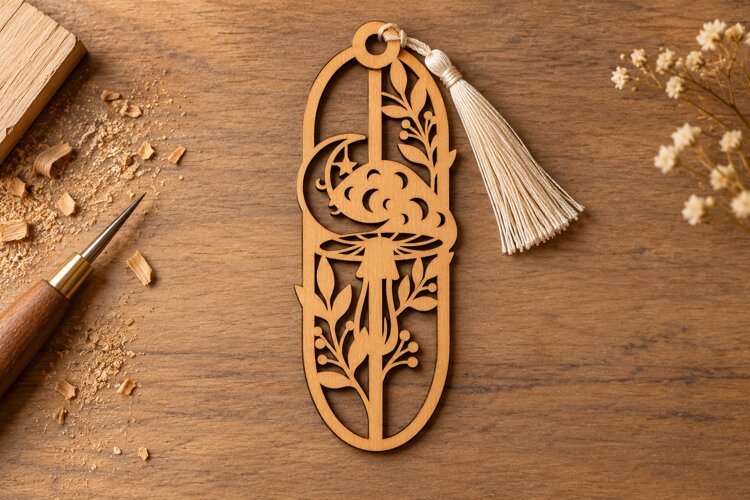 Rectangle Celestial Mushroom Moon Bookmark Laser Cut SVG, example image 1