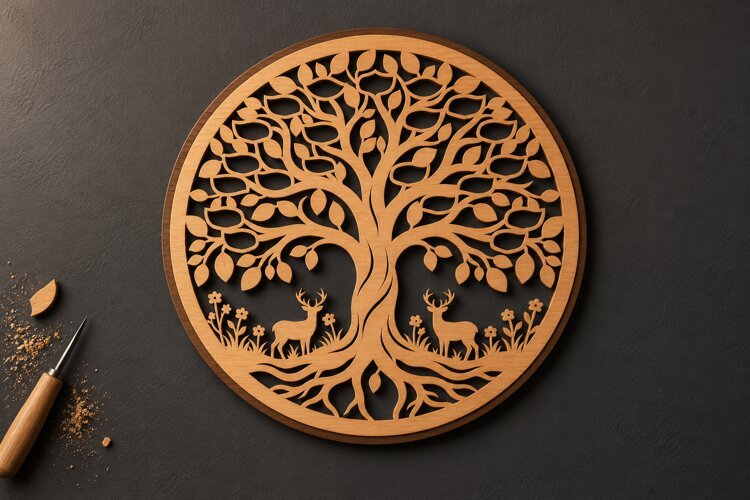 Round Tree of Life Deer Botanical Laser Cut SVG, Circular example image 1