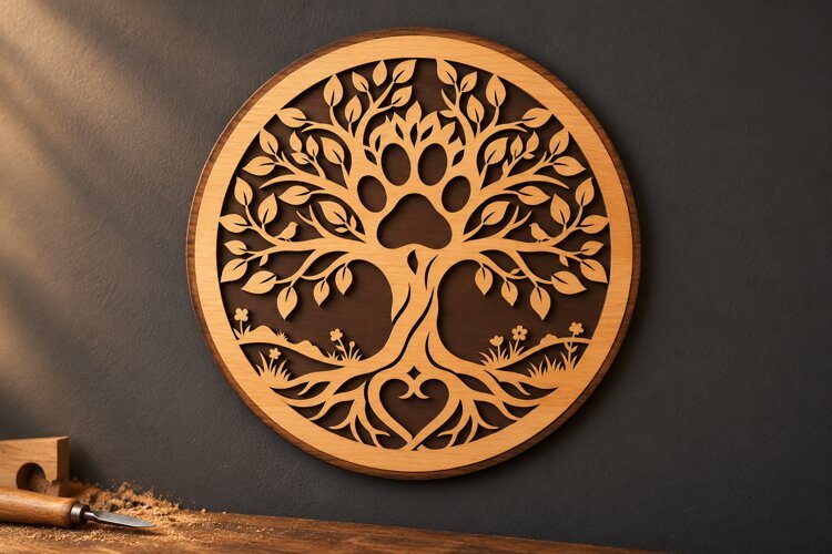 Round Tree of Life Paw Print Heart Botanical Laser Cut SVG, example image 1