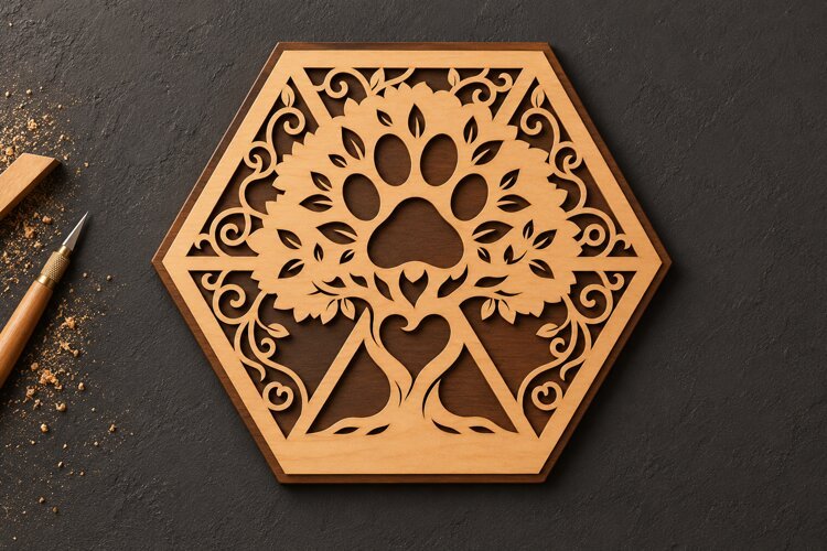 Hexagon Tree of Life Paw Print Heart Laser Cut SVG, Geometr example image 1