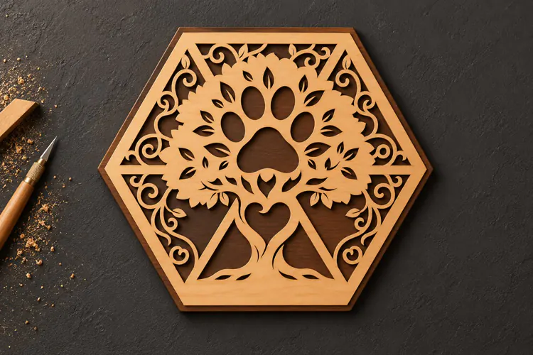 Hexagon Tree of Life Paw Print Heart Laser Cut SVG, Geometr