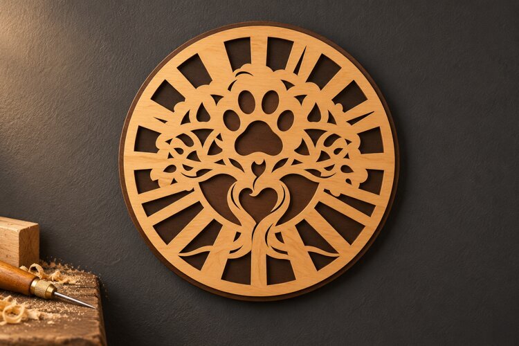 Round Tree of Life Paw Print Sun Rays Laser Cut SVG, example image 1