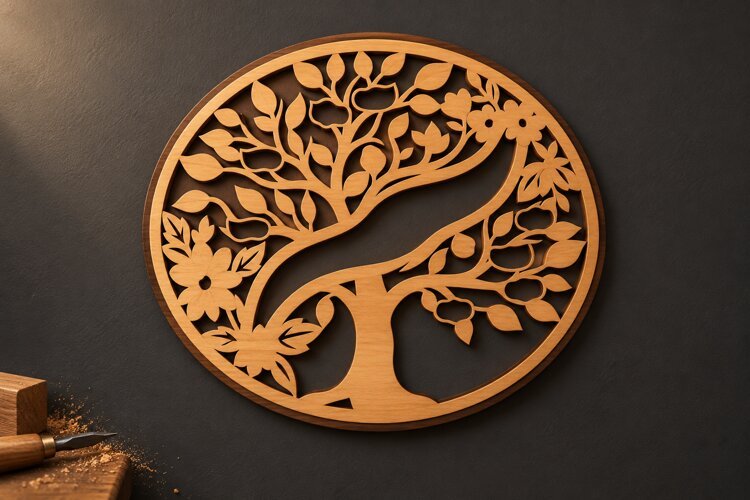 Round Yin Yang Tree of Life Botanical Laser Cut SVG, Circul example image 1