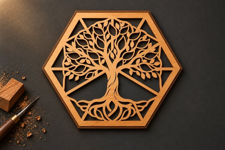 Hexagon Tree of Life Geometric Botanical Laser Cut SVG, example image 1