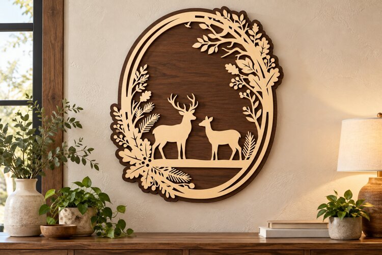 Woodland Deer Pair Oval Laser Cut SVG PNG Design, Wooden example image 1