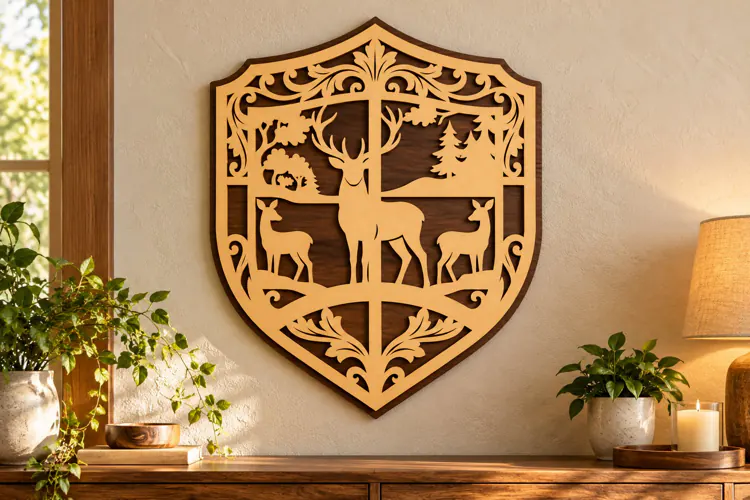 Forest Deer Shield Laser Cut SVG PNG Design, Wooden Wall Art