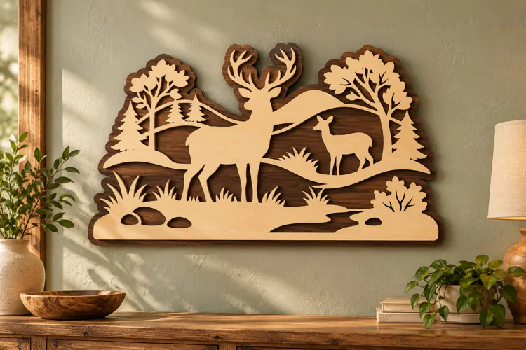 Stag Woodland Landscape Laser Cut SVG PNG Design, Wooden