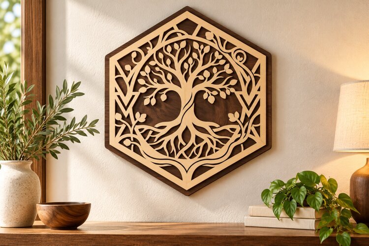 Geometric Tree of Life Hexagon Laser Cut SVG PNG Design example image 1