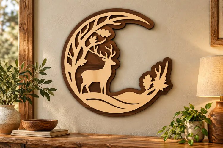 Crescent Moon Deer Forest Laser Cut SVG PNG Design, Wooden