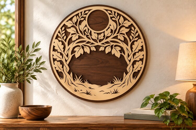 Moonlit Tree of Life Round Laser Cut SVG PNG Design, Wooden example image 1