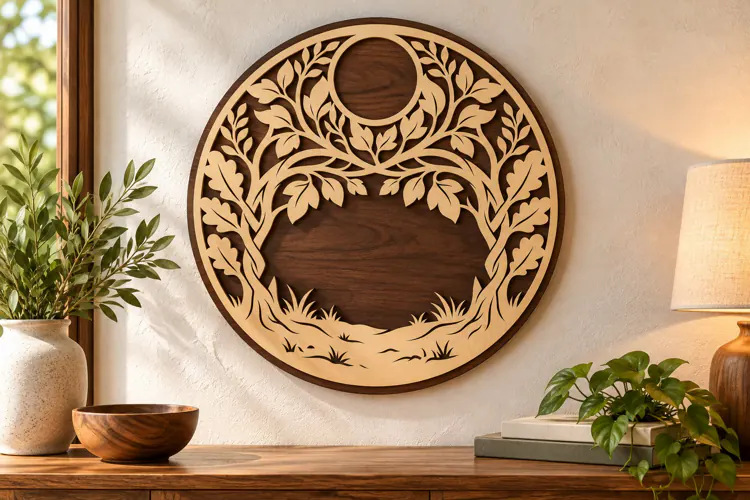 Moonlit Tree of Life Round Laser Cut SVG PNG Design, Wooden