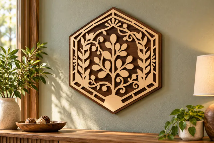 Floral Tree Hexagon Laser Cut SVG PNG Design, Wooden Wall Ar