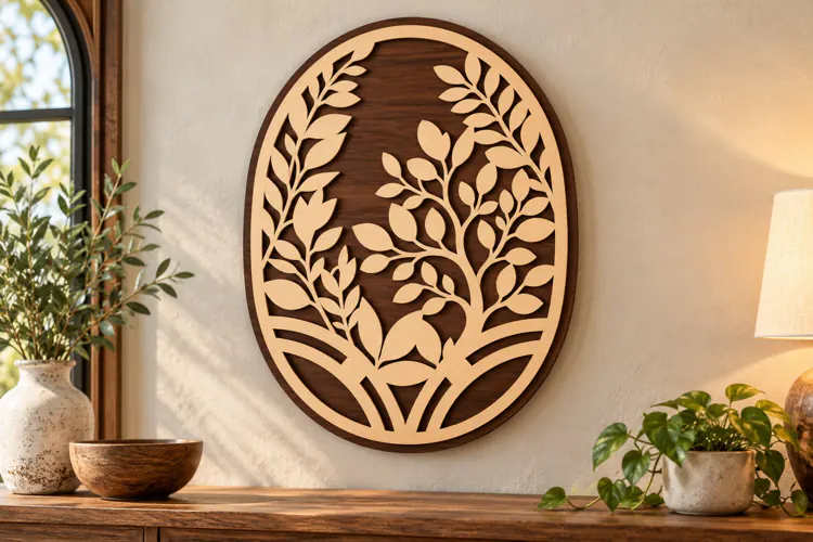 Botanical Branches Oval Laser Cut SVG PNG Design, Wooden