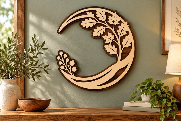 Crescent Moon Oak Branch Laser Cut SVG PNG Design, Wooden example image 1