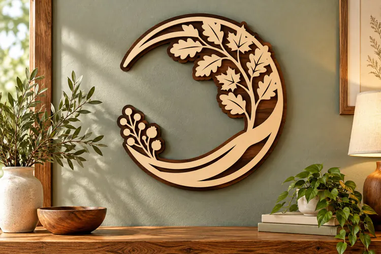 Crescent Moon Oak Branch Laser Cut SVG PNG Design, Wooden