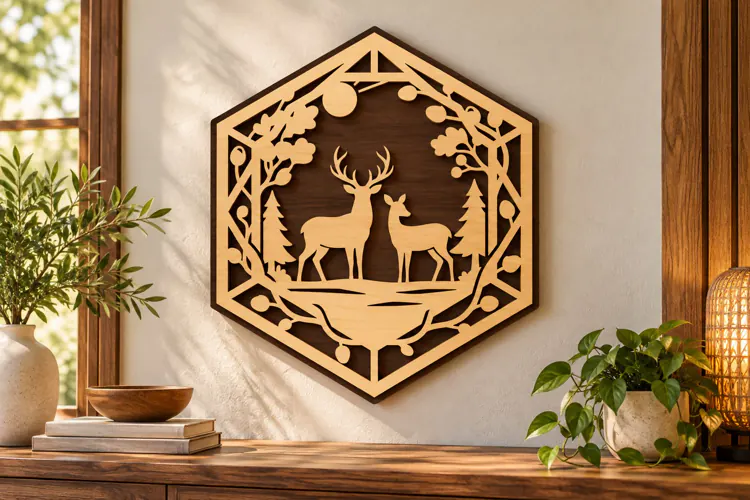 Deer Pair Hexagon Forest Laser Cut SVG PNG Design, Wooden