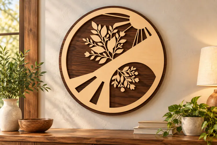 Yin Yang Botanical Sunburst Laser Cut SVG PNG Design, Wooden
