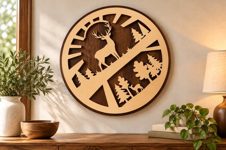Mountain Deer Forest Geometric Circle Laser Cut SVG PNG example image 1