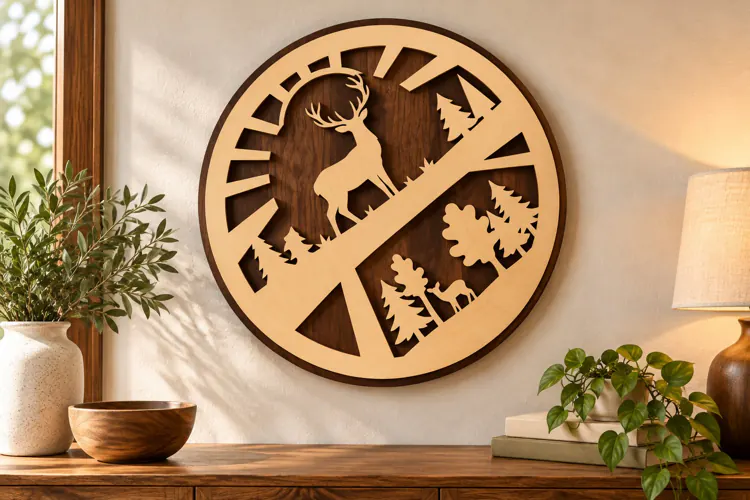 Mountain Deer Forest Geometric Circle Laser Cut SVG PNG