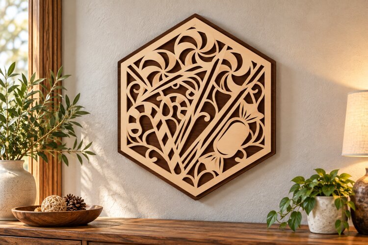 Hexagon Botanical Flower Garden Laser Cut SVG PNG Design example image 1