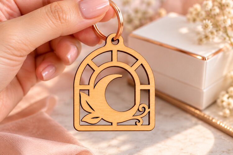Crescent Moon Arch Floral Keychain Laser Cut SVG PNG Design example image 1