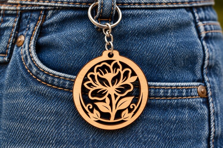 Lotus Flower Round Keychain Laser Cut SVG PNG Design, Wooden example image 1