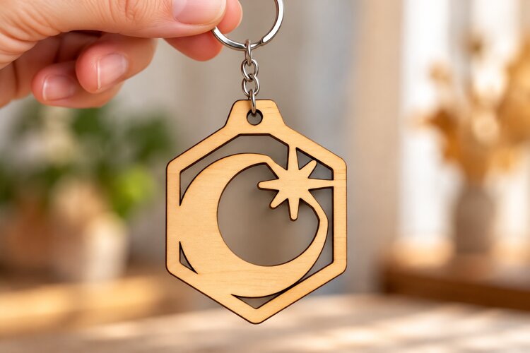 Crescent Moon Star Hexagon Keychain Laser Cut SVG PNG Design example image 1