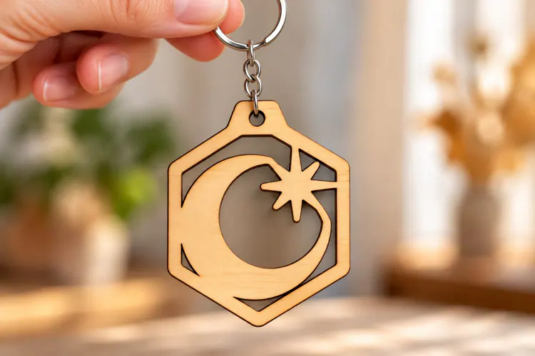 Crescent Moon Star Hexagon Keychain Laser Cut SVG PNG Design