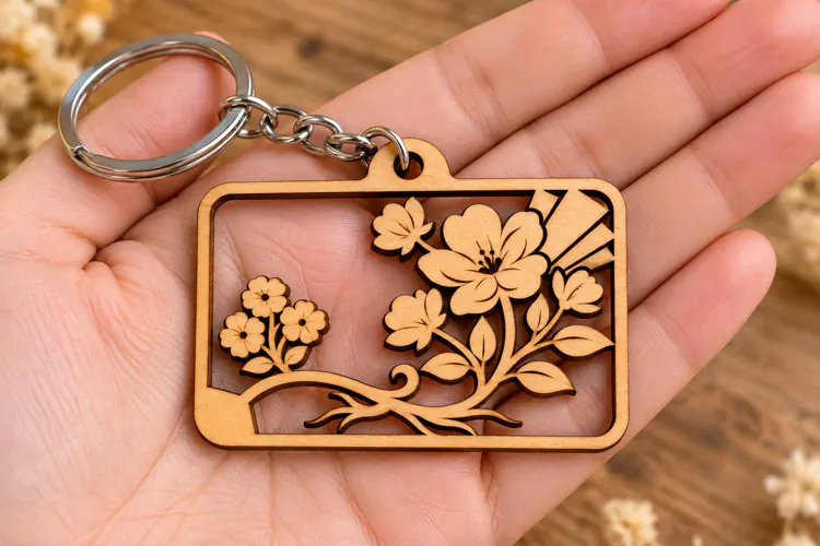 Cherry Blossom Rectangle Keychain Laser Cut SVG PNG Design