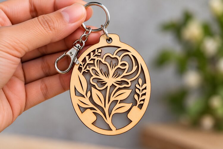 Floral Oval Bouquet Keychain Laser Cut SVG PNG Design example image 1