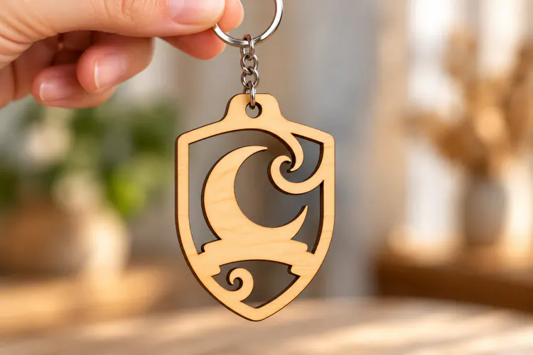 Crescent Moon Swirl Shield Keychain Laser Cut SVG PNG Design