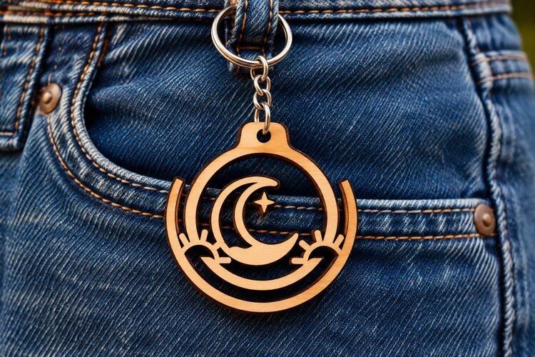 Crescent Moon Stars Circle Keychain Laser Cut SVG PNG Design example image 1