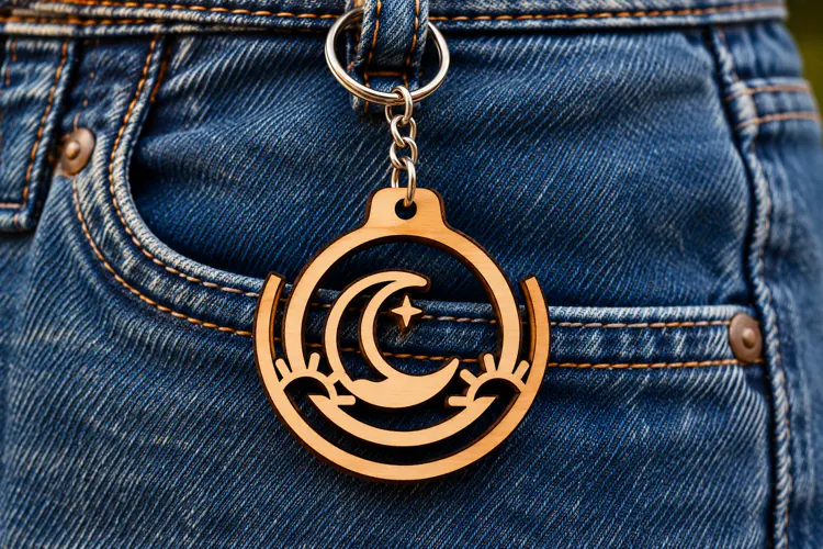Crescent Moon Stars Circle Keychain Laser Cut SVG PNG Design