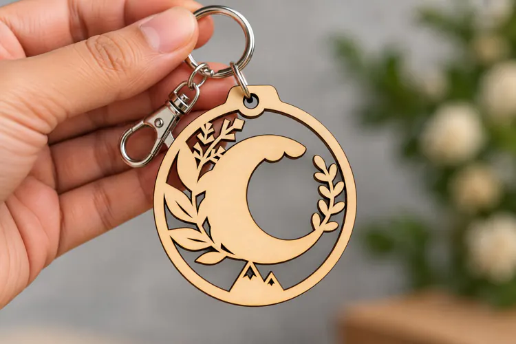 Crescent Moon Leaf Wreath Keychain Laser Cut SVG PNG Design