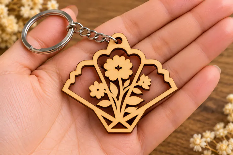Floral Fan Bouquet Keychain Laser Cut SVG PNG Design, Wooden