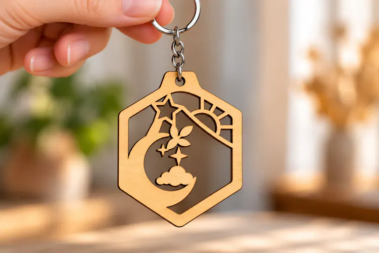 Moon Star Hexagon Keychain Laser Cut SVG PNG Design, Wooden