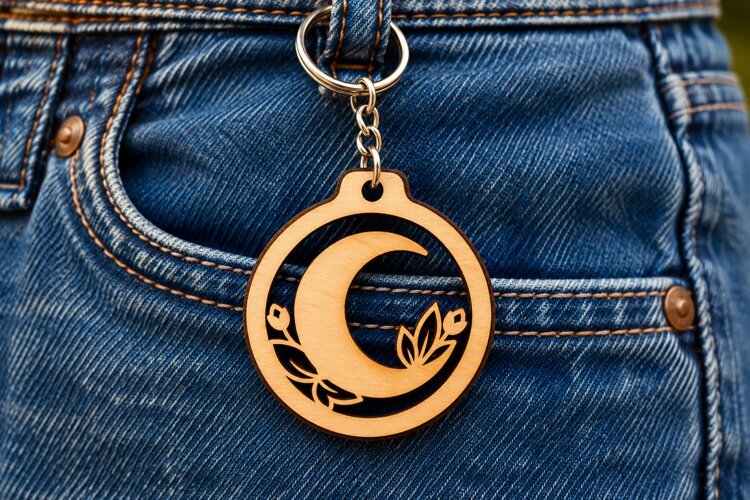 Crescent Moon Heart Circle Keychain Laser Cut SVG PNG Design example image 1
