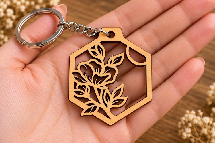Lotus Flower Hexagon Keychain Laser Cut SVG PNG Design, Wood example image 1