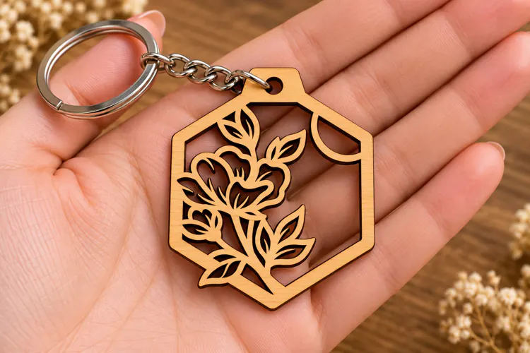 Lotus Flower Hexagon Keychain Laser Cut SVG PNG Design, Wood