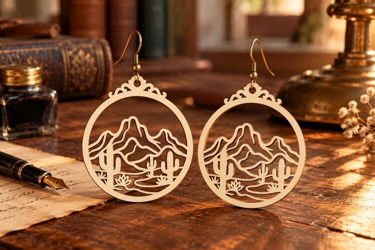 Round Desert Agave Mountain Wooden Earrings Laser Cut SVG example image 1