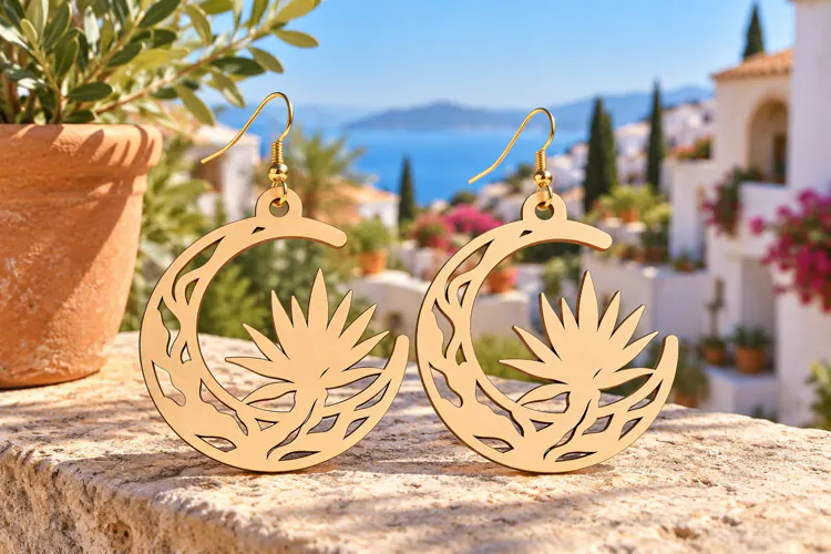 Crescent Moon Desert Agave Wooden Earrings Laser Cut SVG
