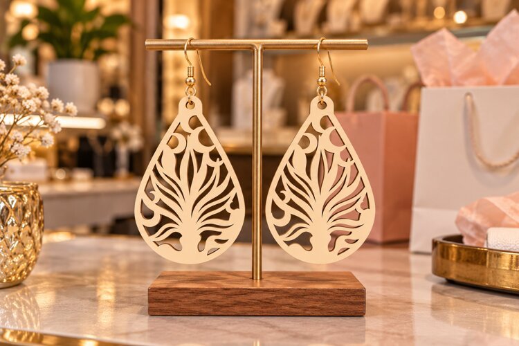 Teardrop Desert Agave Floral Wooden Earrings Laser Cut SVG example image 1