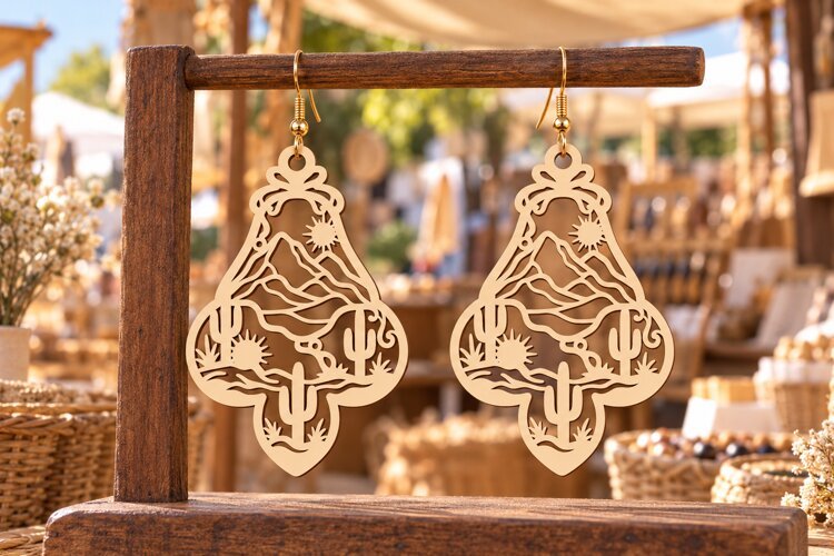 Crown Desert Agave Mountain Wooden Earrings Laser Cut SVG example image 1