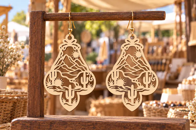 Crown Desert Agave Mountain Wooden Earrings Laser Cut SVG