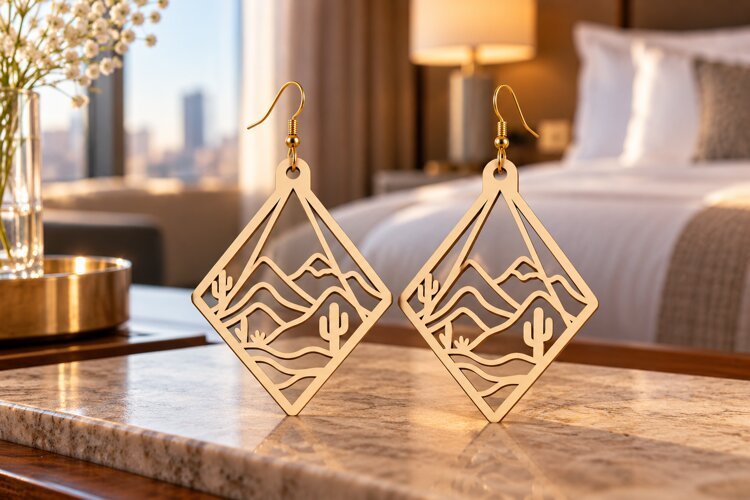 Diamond Desert Agave Mountain Wooden Earrings Laser Cut SVG example image 1