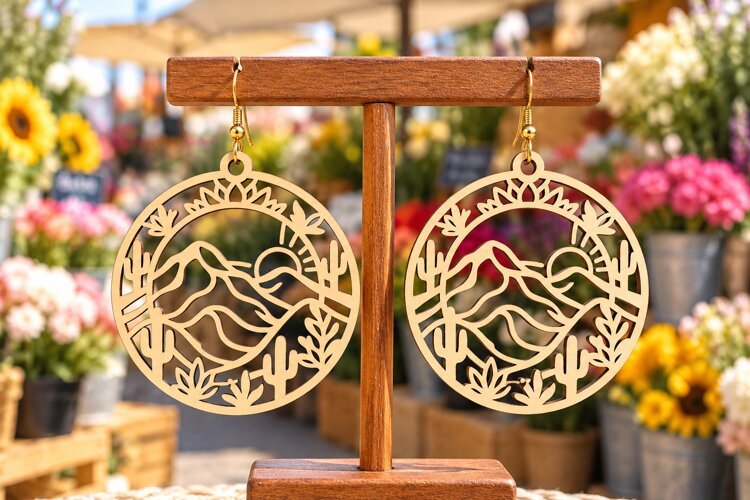 Round Desert Agave Mountain Wooden Earrings Laser Cut SVG example image 1