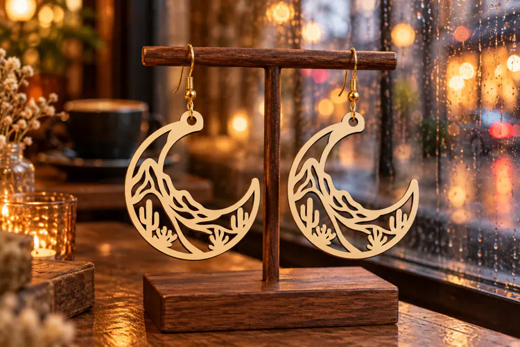 Crescent Moon Desert Agave Wooden Earrings Laser Cut SVG