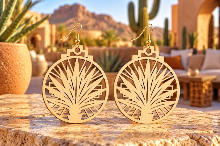 Round Desert Agave Mountain Wooden Earrings Laser Cut SVG example image 1
